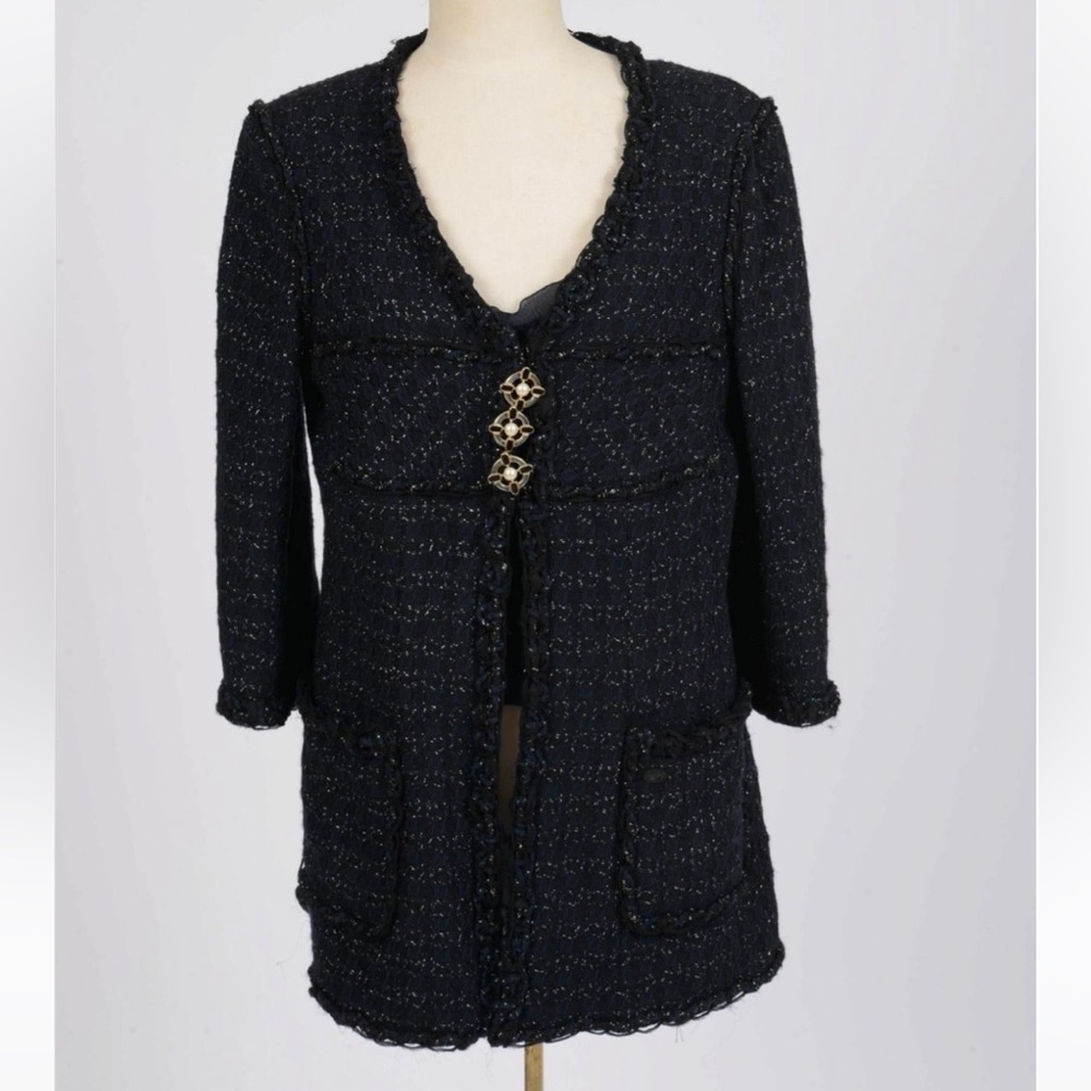 Navy Chanel Three-Quarter Sleeve Tweed Jacket.